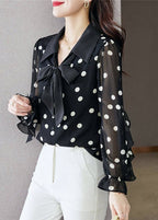 Beautiful Black Ruffled Dot Print Chiffon Shirts Spring
