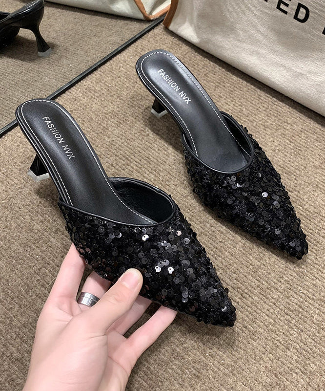 Beautiful Black Sequins Pointed Toe Kitten Thong Sandals