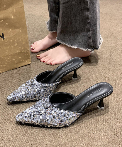 Beautiful Black Sequins Pointed Toe Kitten Thong Sandals