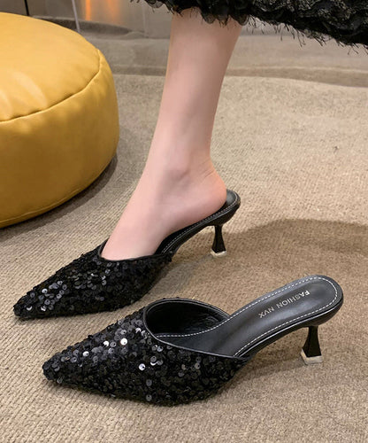 Beautiful Black Sequins Pointed Toe Kitten Thong Sandals