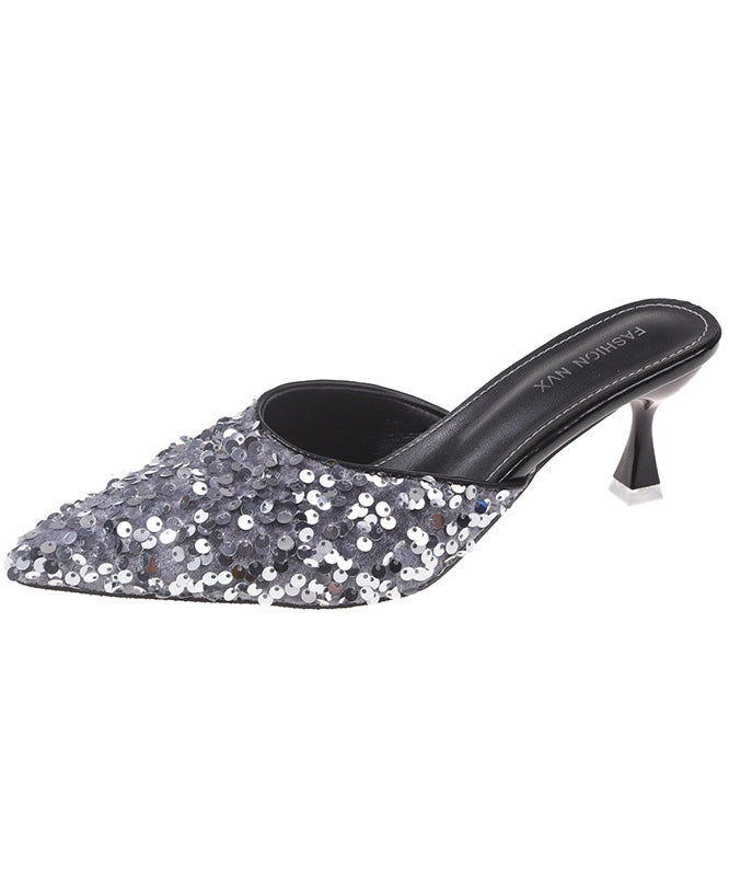 Beautiful Black Sequins Pointed Toe Kitten Thong Sandals