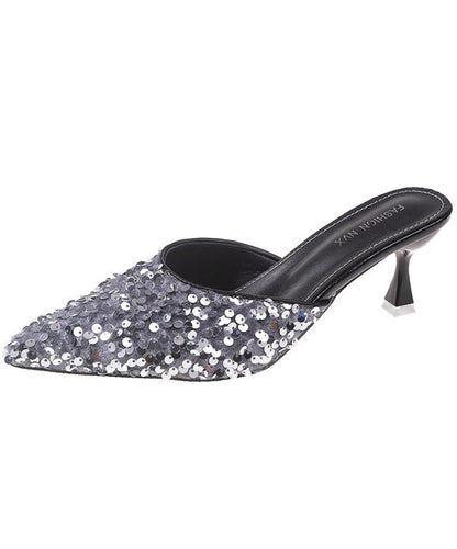 Beautiful Black Sequins Pointed Toe Kitten Thong Sandals
