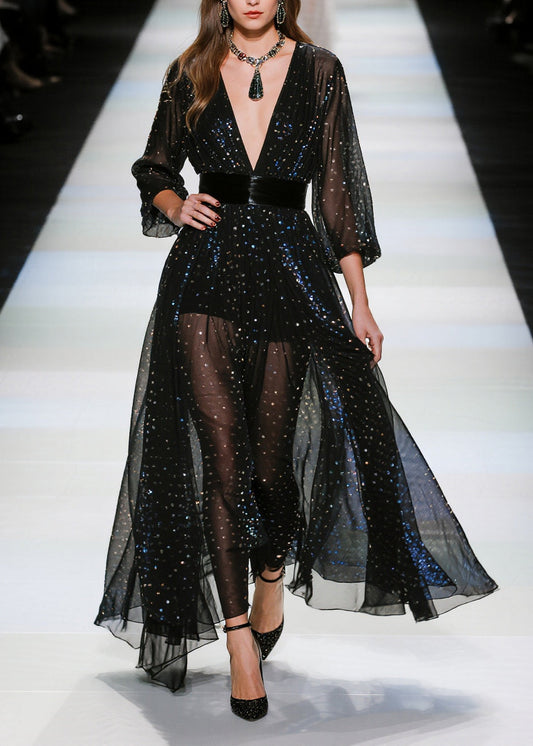 Beautiful Black Sequins Tunic Tulle Sheer Dresses Summer