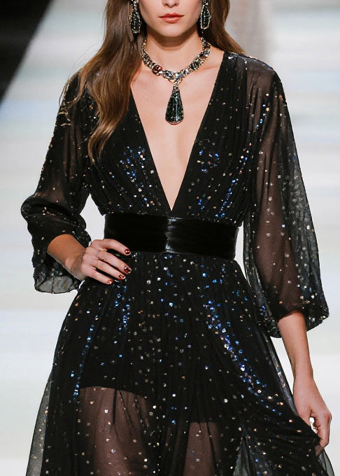 Beautiful Black Sequins Tunic Tulle Sheer Dresses Summer