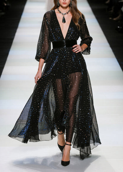 Beautiful Black Sequins Tunic Tulle Sheer Dresses Summer
