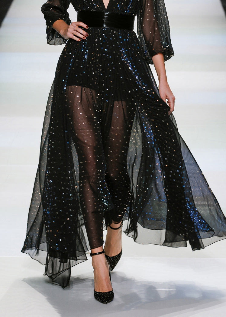 Beautiful Black Sequins Tunic Tulle Sheer Dresses Summer