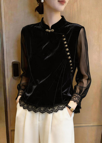 Beautiful Black Stand Collar Lace Patchwork Silk Velour Tops Fall