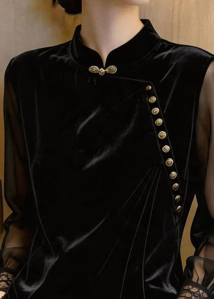 Beautiful Black Stand Collar Lace Patchwork Silk Velour Tops Fall
