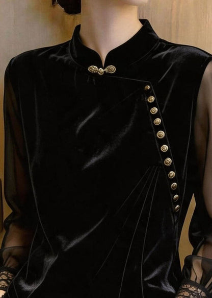 Beautiful Black Stand Collar Lace Patchwork Silk Velour Tops Fall