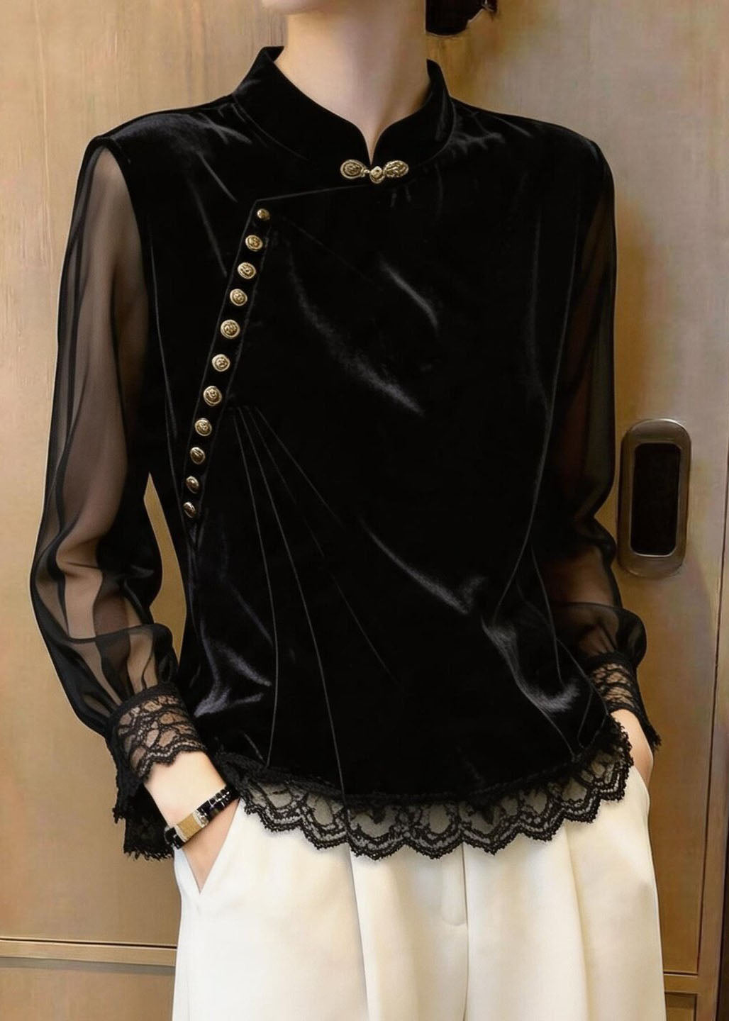 Beautiful Black Stand Collar Lace Patchwork Silk Velour Tops Fall