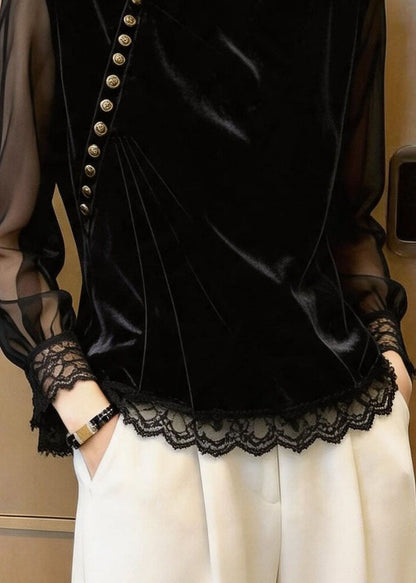 Beautiful Black Stand Collar Lace Patchwork Silk Velour Tops Fall