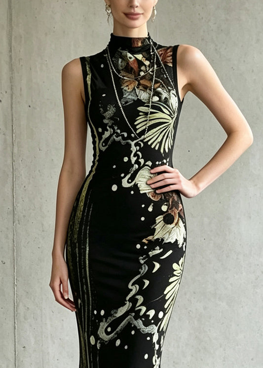 Beautiful Black Stand Collar Print Long Dress Two Piece Set Summer
