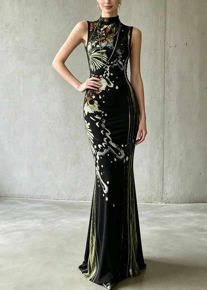 Beautiful Black Stand Collar Print Long Dress Two Piece Set Summer