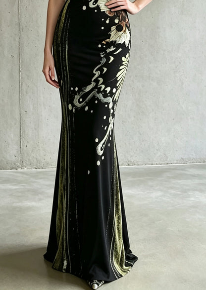 Beautiful Black Stand Collar Print Long Dress Two Piece Set Summer