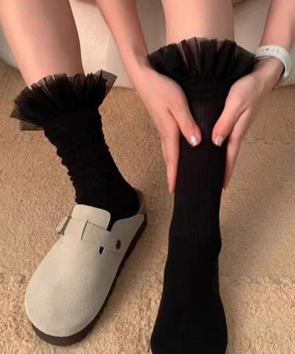 Beautiful Black Tulle Ruffled Cotton Mid Calf Socks