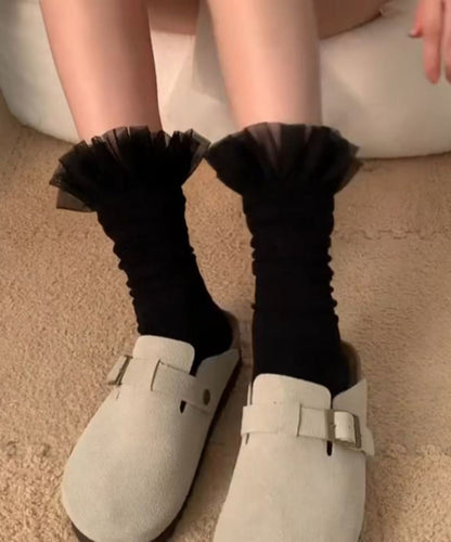 Beautiful Black Tulle Ruffled Cotton Mid Calf Socks