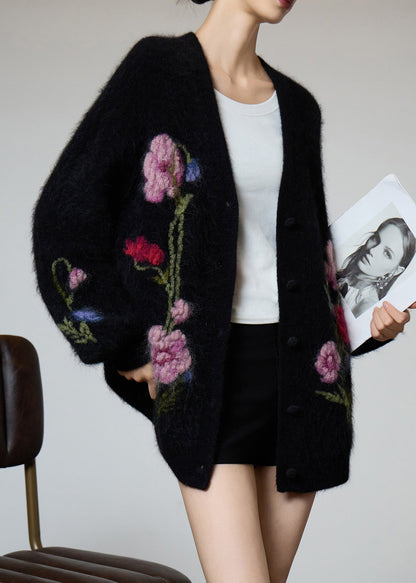 Beautiful Black V Neck Embroidered Knit Coat Spring