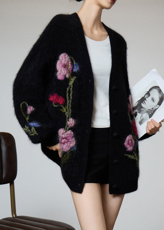 Beautiful Black V Neck Embroidered Knit Coat Spring