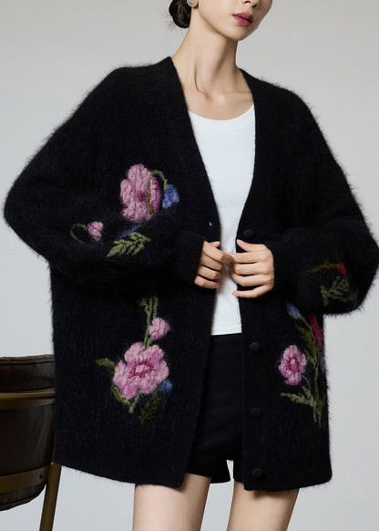 Beautiful Black V Neck Embroidered Knit Coat Spring