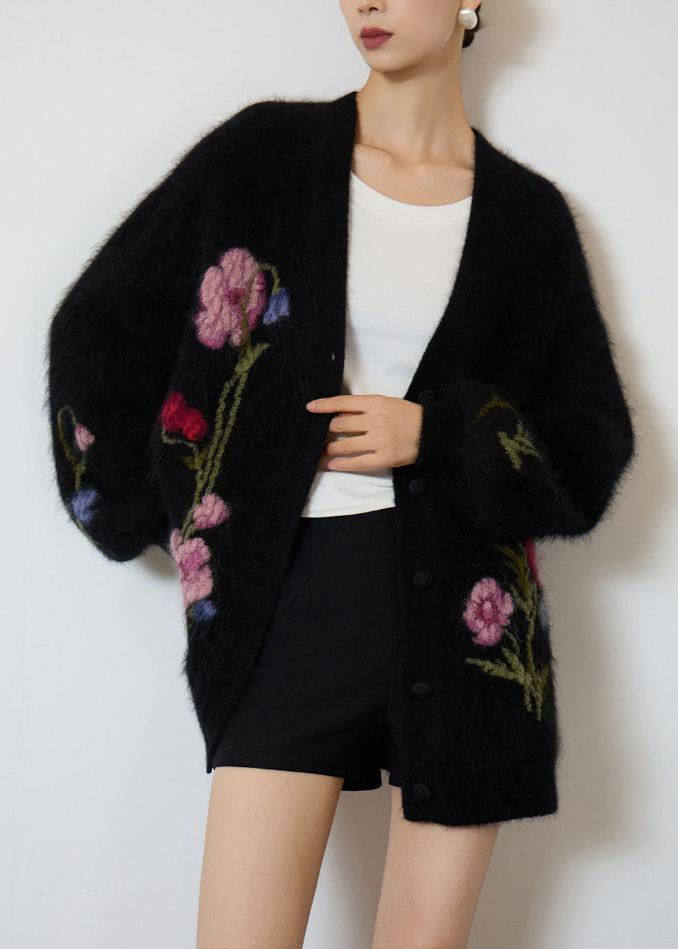 Beautiful Black V Neck Embroidered Knit Coat Spring