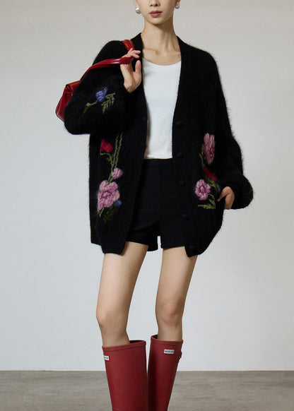 Beautiful Black V Neck Embroidered Knit Coat Spring