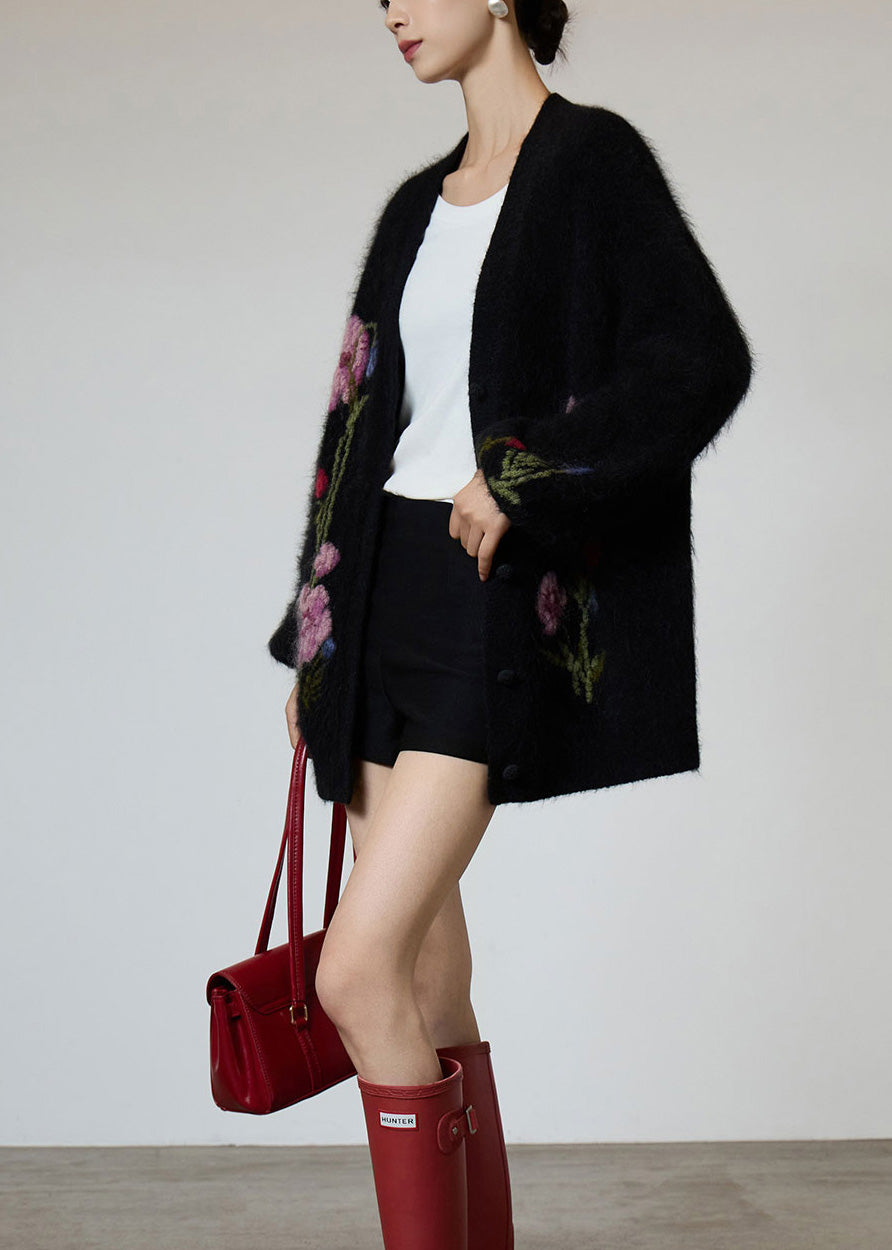 Beautiful Black V Neck Embroidered Knit Coat Spring