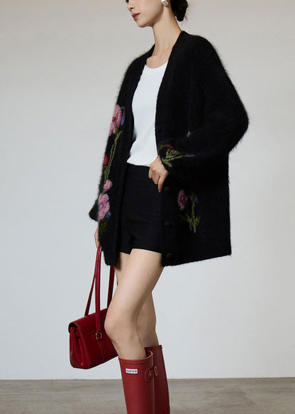 Beautiful Black V Neck Embroidered Knit Coat Spring