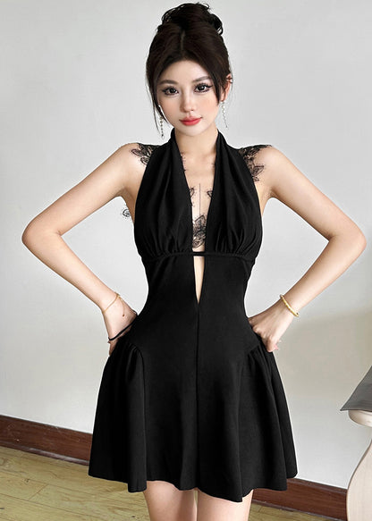 Beautiful Black V Neck Lace Patchwork Mid Dress Summer