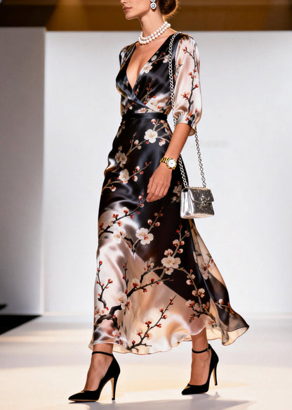 Beautiful Black V Neck Print Silk Long Dresses Summer