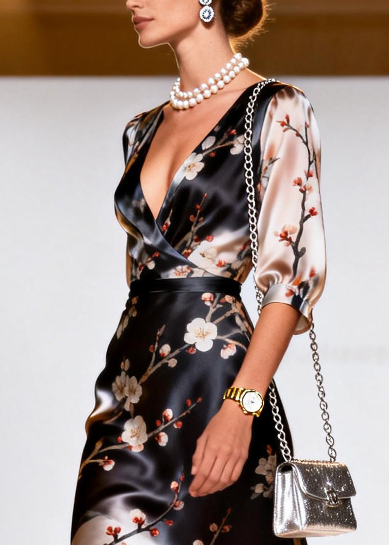 Beautiful Black V Neck Print Silk Long Dresses Summer