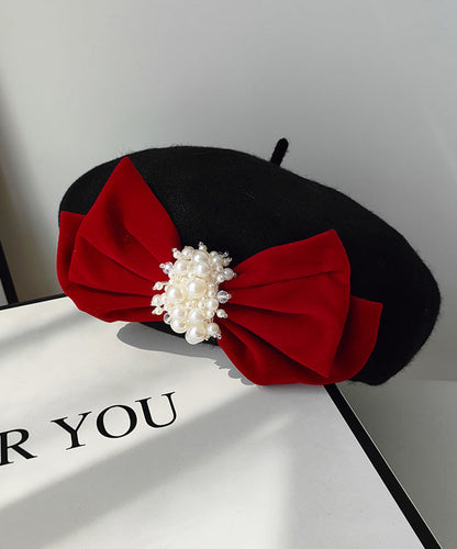 Beautiful Black Velvet Bow Nail Bead Woolen Breton Hat