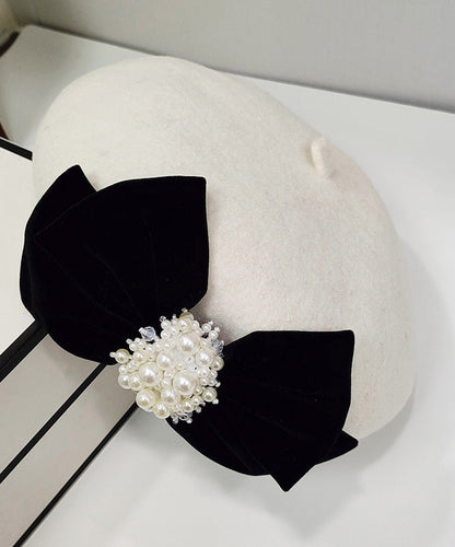 Beautiful Black Velvet Bow Nail Bead Woolen Breton Hat
