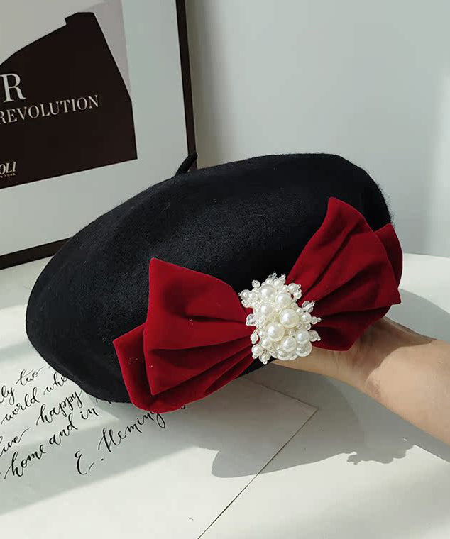 Beautiful Black Velvet Bow Nail Bead Woolen Breton Hat