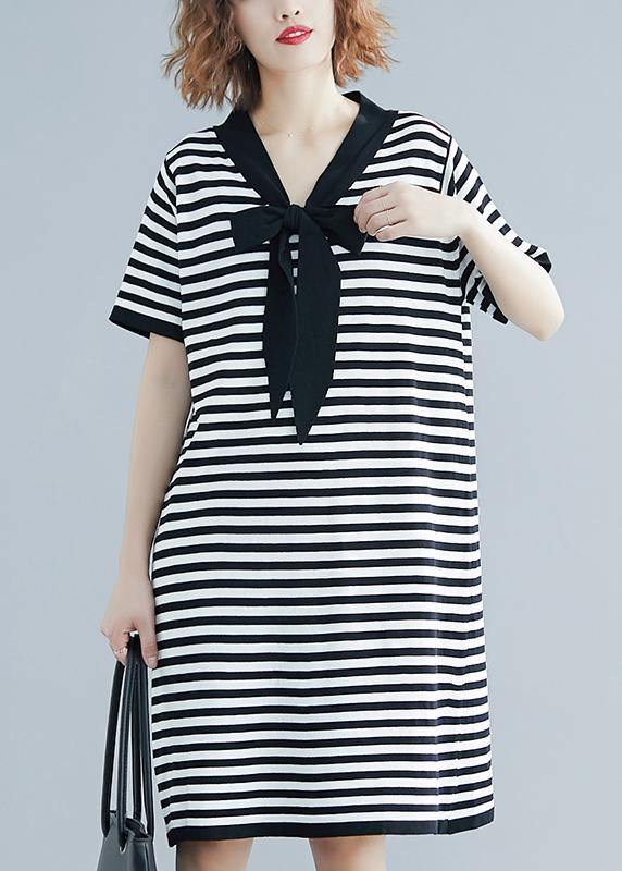 Beautiful Black White Narrow Striped Short Sleeve Summer Cotton Dress - SooLinen