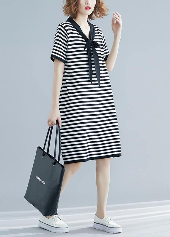 Beautiful Black White Narrow Striped Short Sleeve Summer Cotton Dress - SooLinen