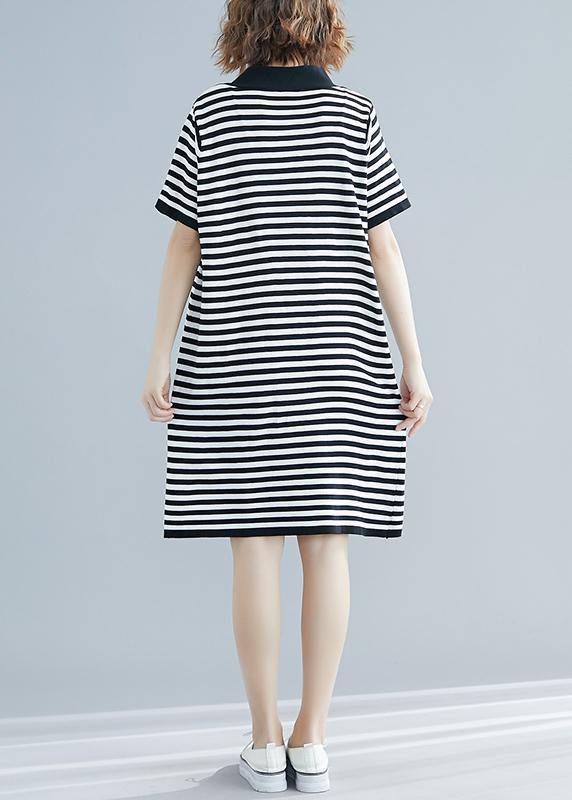 Beautiful Black White Narrow Striped Short Sleeve Summer Cotton Dress - SooLinen