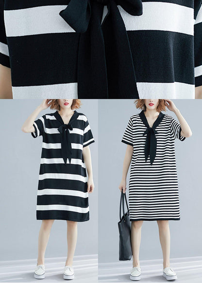 Beautiful Black White Narrow Striped Short Sleeve Summer Cotton Dress - SooLinen