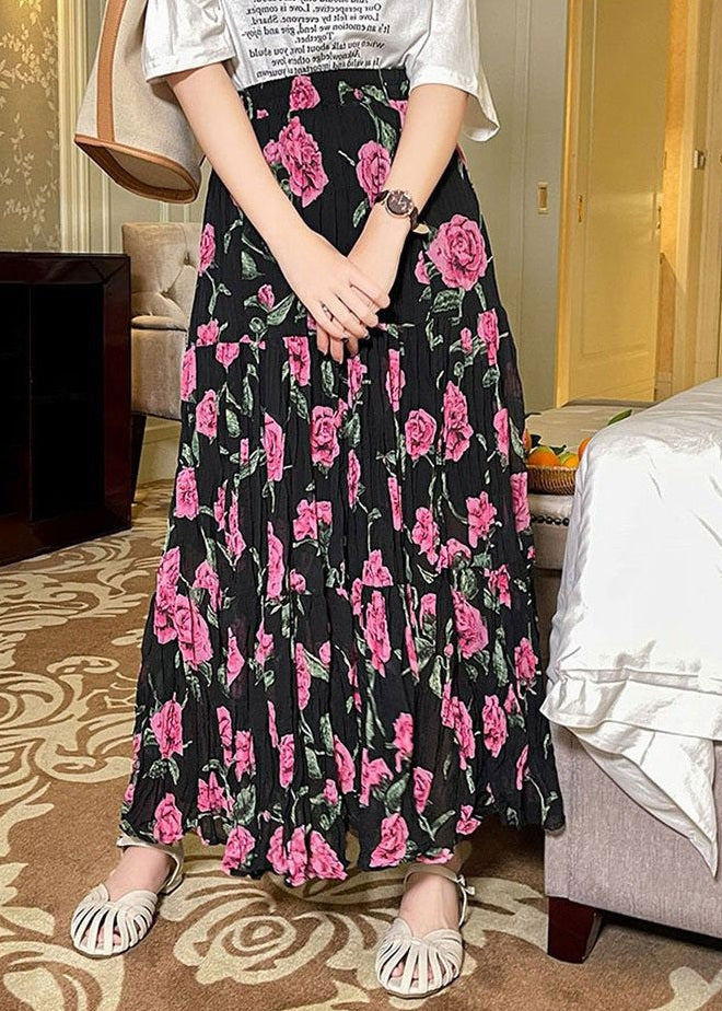Beautiful Black Wrinkled Print Patchwork Chiffon Skirts Summer