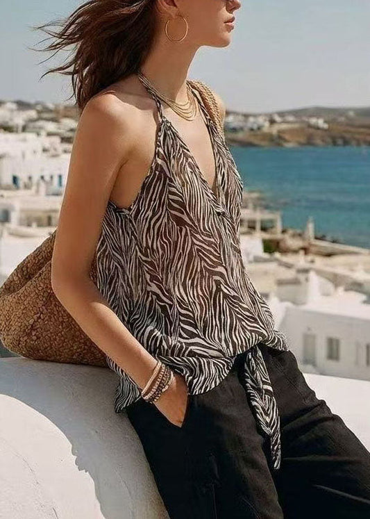 Beautiful Black Zebra pattern Lace Up V Neck Beach Vest Sleeveless