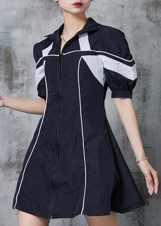 Beautiful Black Zip Up Patchwork Spandex Sweatshirt Dresses Summer