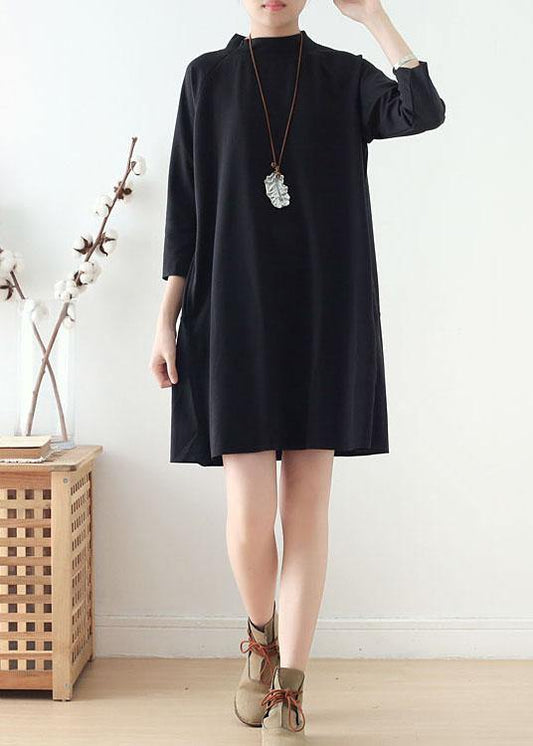Beautiful Black zippered Cotton Long sleeve Pockets Fall Dress - SooLinen