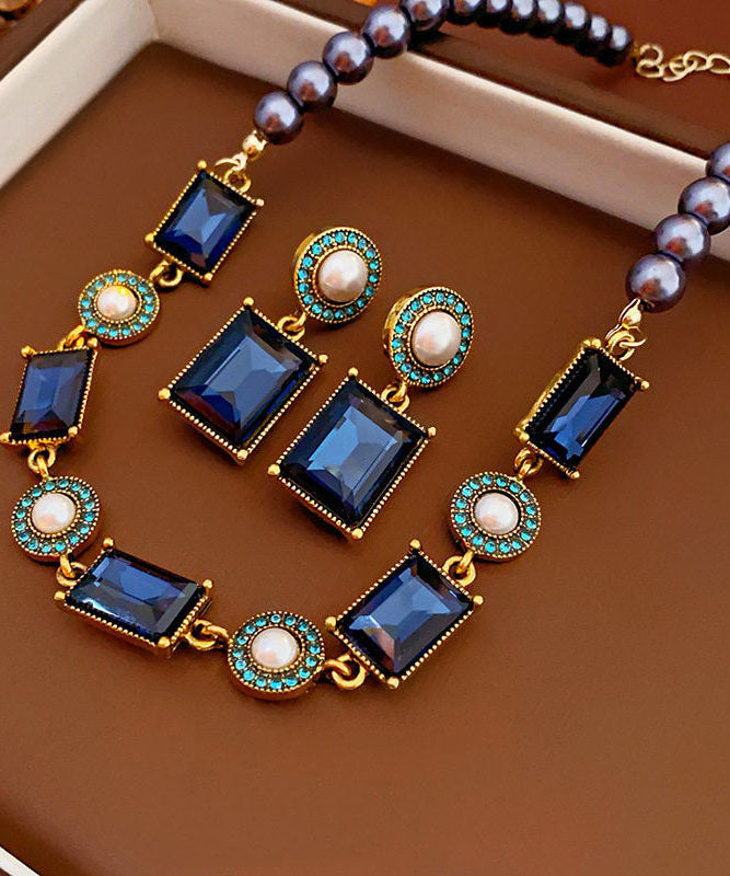 Beautiful Blue Alloy Zircon Pearl Gratuated Bead Necklace And Drop Earrings Two-Piece Set