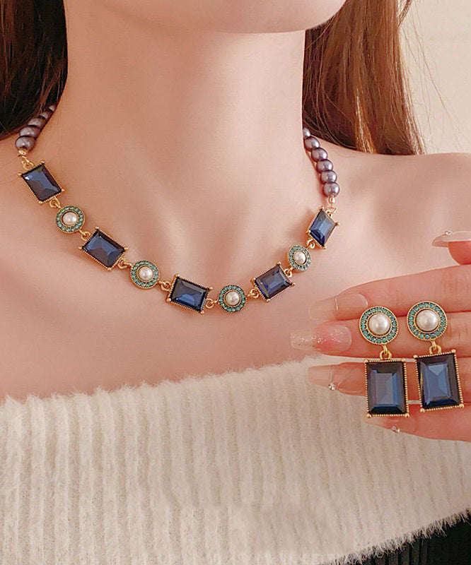 Beautiful Blue Alloy Zircon Pearl Gratuated Bead Necklace And Drop Earrings Two-Piece Set