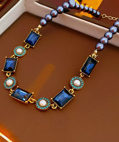 Beautiful Blue Alloy Zircon Pearl Gratuated Bead Necklace And Drop Earrings Two-Piece Set