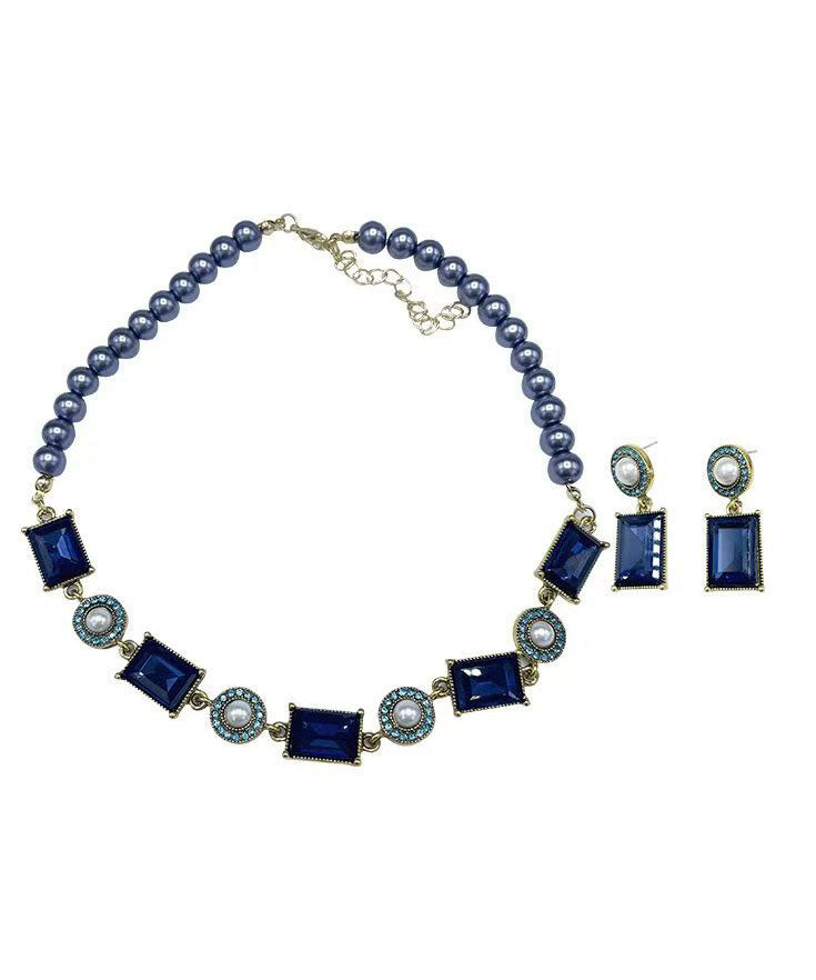 Beautiful Blue Alloy Zircon Pearl Gratuated Bead Necklace And Drop Earrings Two-Piece Set
