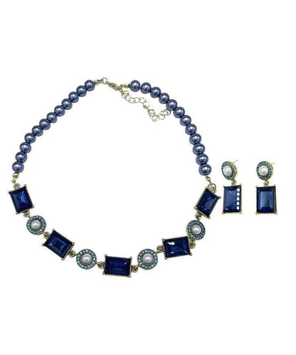 Beautiful Blue Alloy Zircon Pearl Gratuated Bead Necklace And Drop Earrings Two-Piece Set
