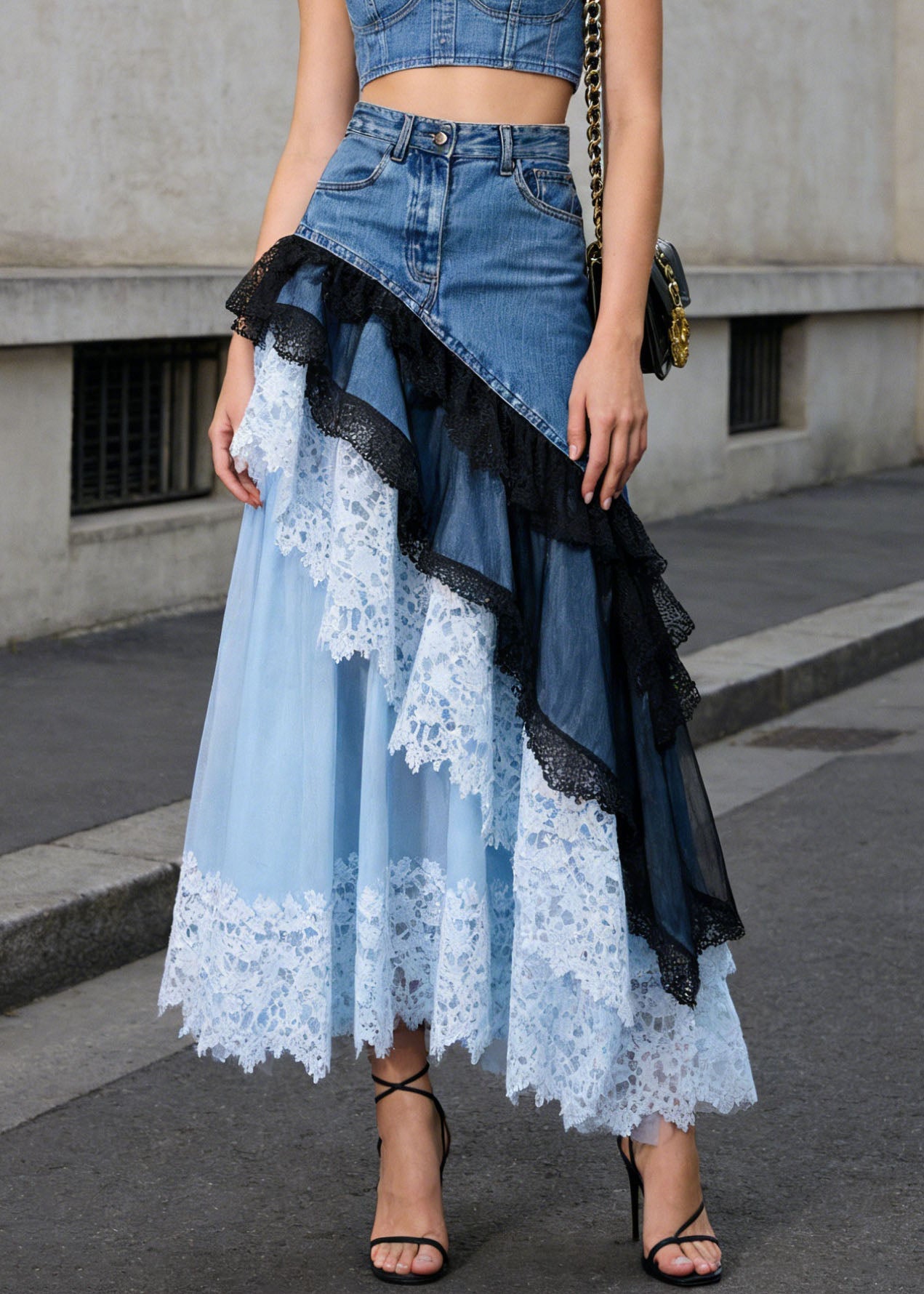 Beautiful Blue Asymmetrical Lace Patchwork Denim Skirts Summer