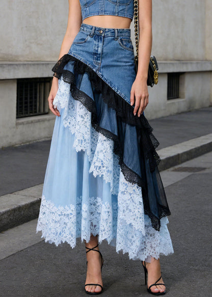 Beautiful Blue Asymmetrical Lace Patchwork Denim Skirts Summer