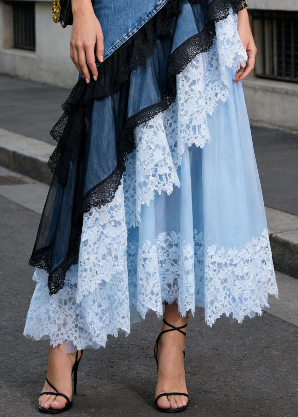 Beautiful Blue Asymmetrical Lace Patchwork Denim Skirts Summer