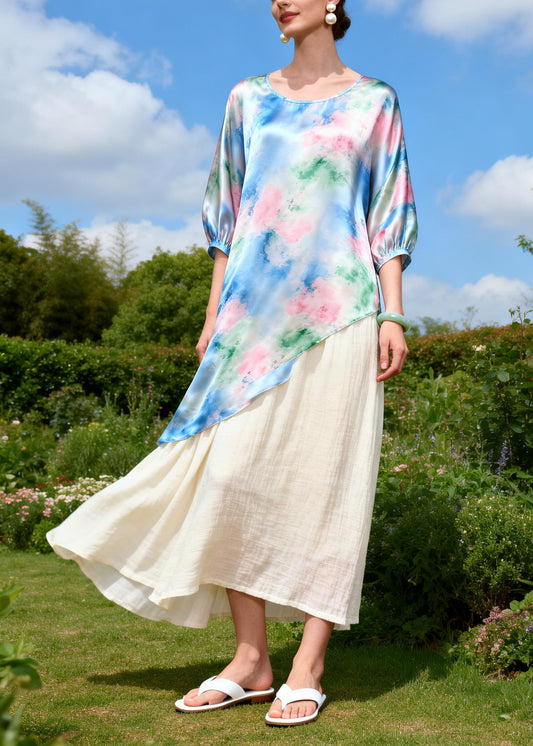 Beautiful Blue Asymmetrical Patchwork Silk Fake Two Piece Dress Summer